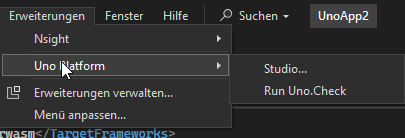 Finde das Uno Extensions Menü in den Visual Studio